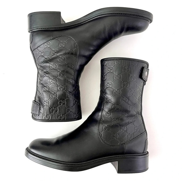 GUCCI || GG Monogram Guccissima Maud Black Leather Short Moto Ankle Boots US 8.5 - Picture 4 of 16